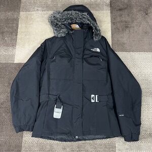 The North Face HyVent Duck Down Fur Hood Parka Jacket Black Womens XL Belted